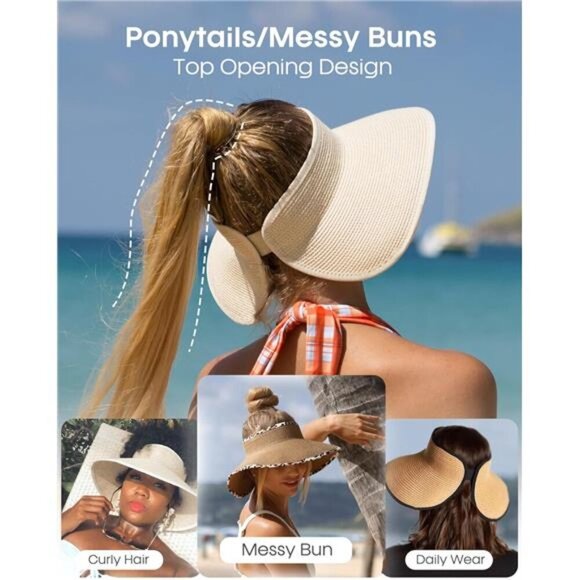 Wide Brim Straw Sun Visor Hat Women Ponytail UPF 50 Beach Packable Hat - Picture 3 of 7